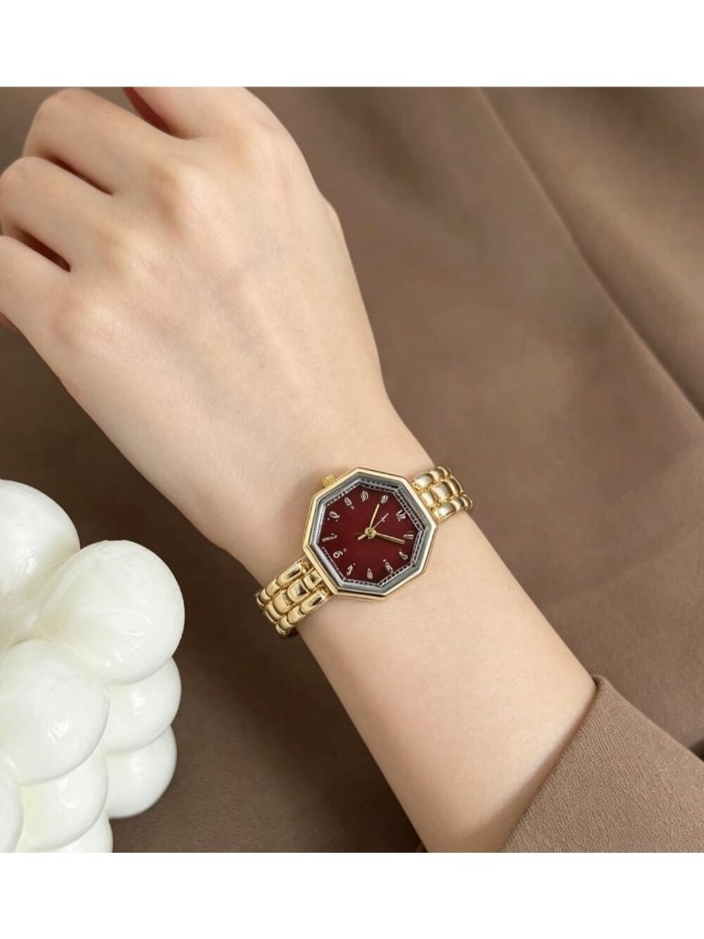 Women's Golden Red Octagonal Stainless Steel Dress Quartz Vintage Wrist Watches - Picture 6 of 6
